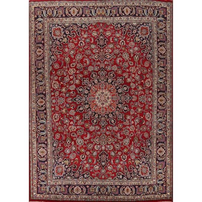 Floral Red Mashad Vintage Persian Area Rug Hand-Knotted Wool Carpet - 9'6" x 12'7"