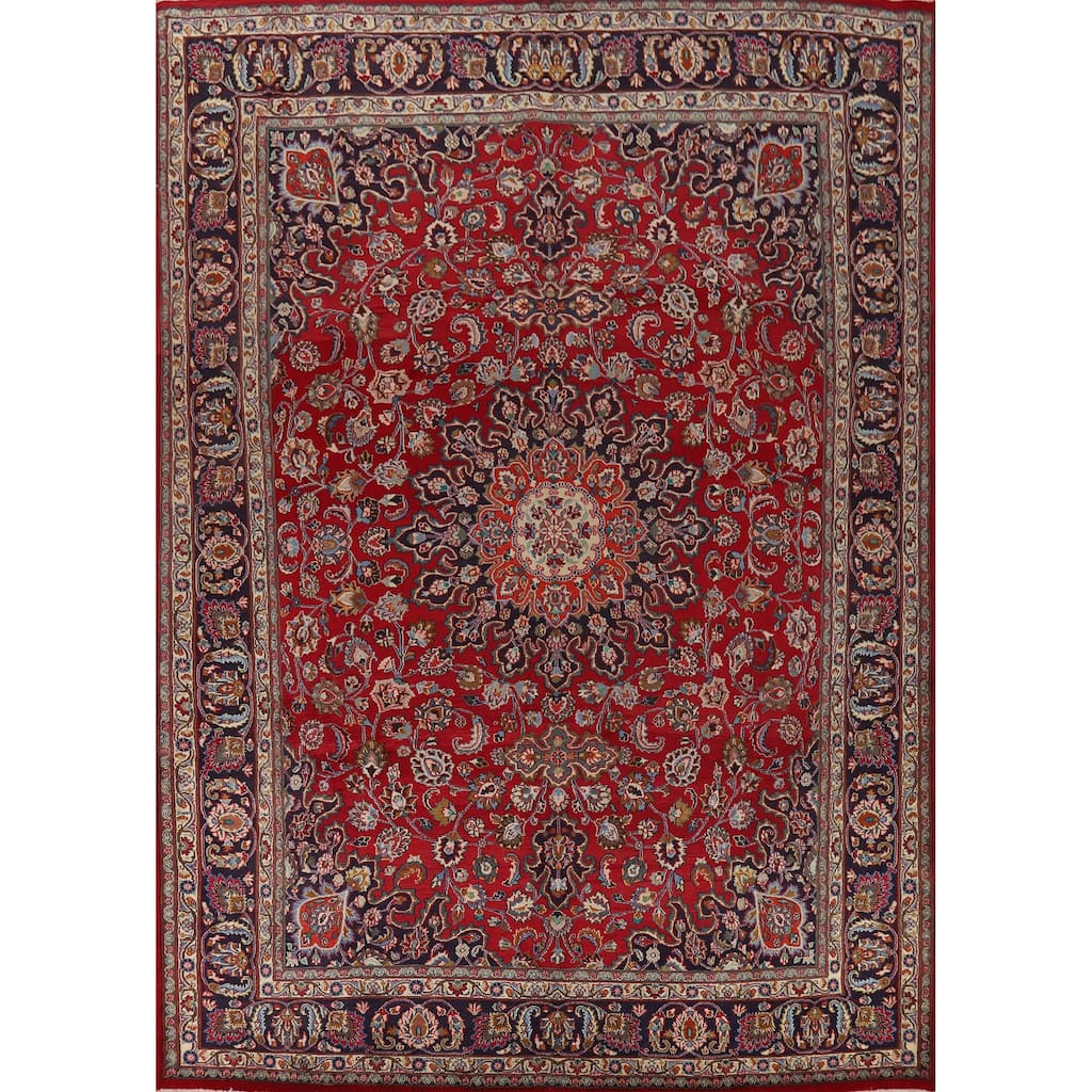 Floral Red Mashad Vintage Persian Area Rug Hand-Knotted Wool Carpet - 9'6" x 12'7"
