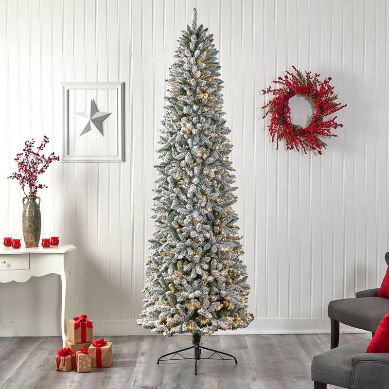 9ft Artificial Christmas Tree with Lights - Slim Winter Fir, Prelit Warm White LED Tree, Flocked Holiday Decor - Green - 108