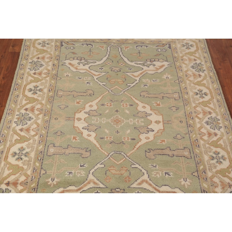 Light Green Oushak Oriental Rug Hand-Knotted Wool Carpet - 4'2"x 5'11"