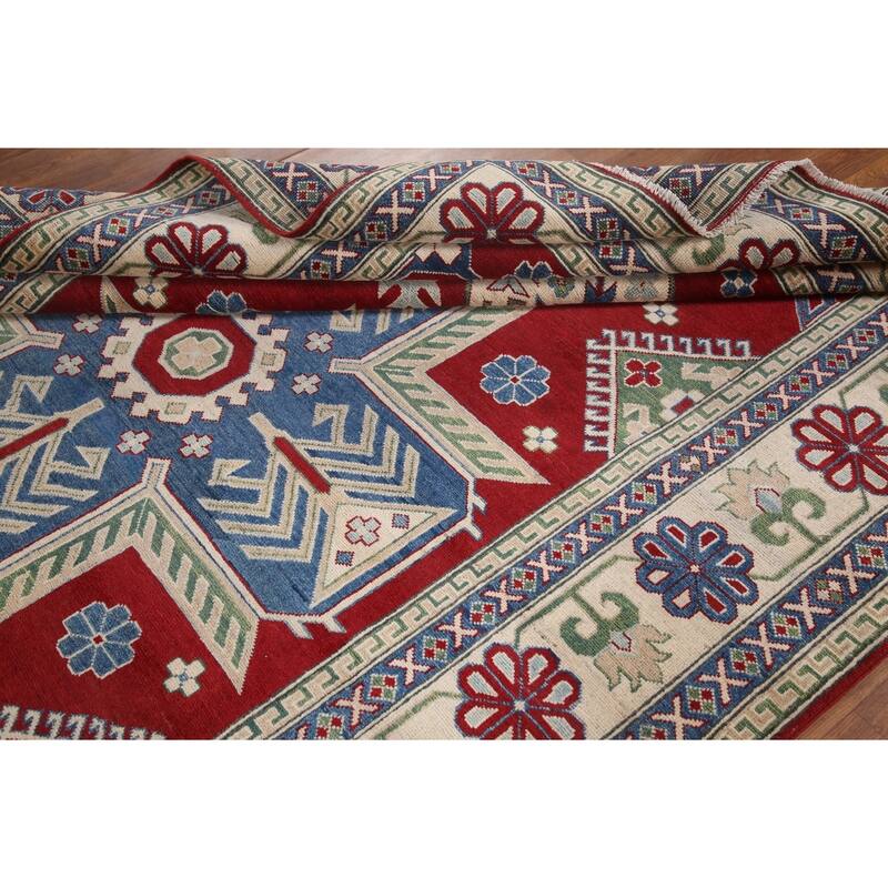 Hand Knotted Oriental 100% Wool Carpet Traditional Geometric Red Kazak Area Rug - 9' 10'' X 6' 9''