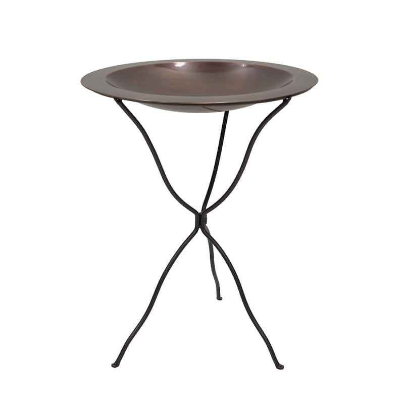 Achla Designs 24"Dia. Round Antique Finished Brass Classic Copper Birdbath w/Black Wrought Iron Folding Ring Stand