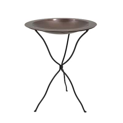 Achla Designs 24"Dia. Round Antique Finished Brass Classic Copper Birdbath w/Black Wrought Iron Folding Ring Stand