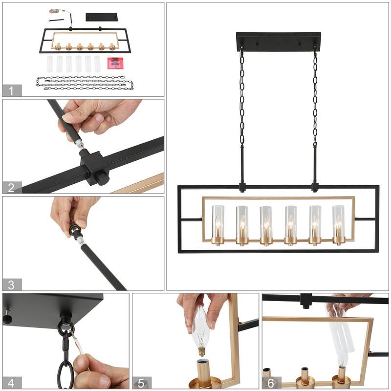 Marsie 37.5 inches Mid-Century Modern Large Linear Chandeliers 6-light Glass Shade Kitchen Islands Lights