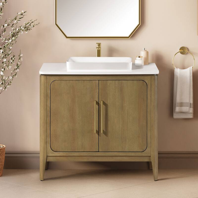 Heidi Light Brown Oak Bathroom Vanity with White Quartz Top