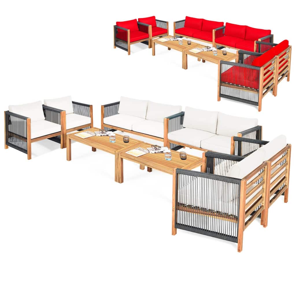 Costway 8 PCS Wood Outdoor Patio Furniture Set with Cushions White Red - See Details
