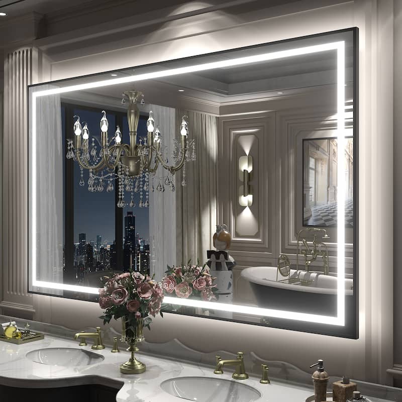 Black Metal Framed LED Front Light and Backlit Anti-Fog Wall Bathroom/ Vanity Mirror - 60" x 36"-Square Corner - Black