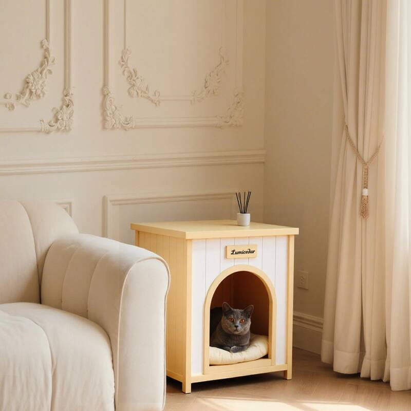 Lumicedar Cream Yellow Flat Roof Pet House FSC Solid Wood Indoor Shelter for Small Cats