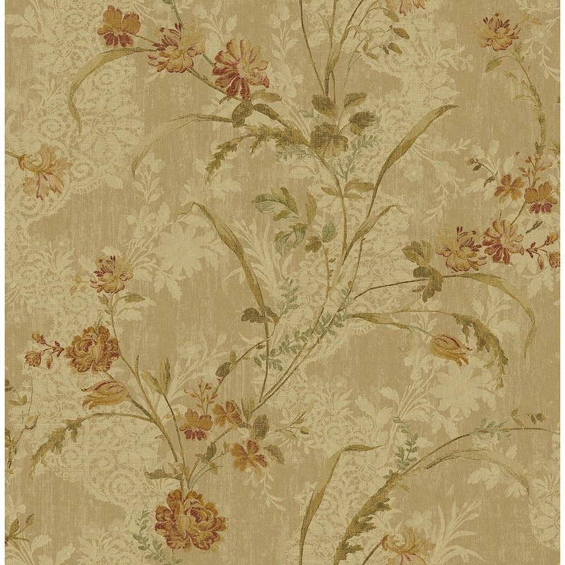 Seabrook Designs Lena Floral Trail Unpasted Wallpaper - 20.5 in. W x 33 ft. L - Metallic Caramel & Maroon