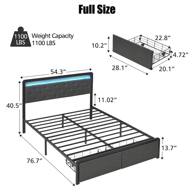 Bed Frame with LED Light and 2 Storage Drawers