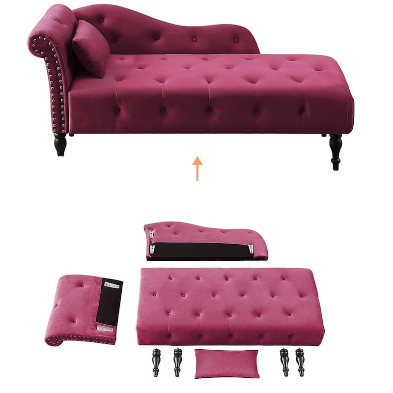 60"W Velvet Chaise Lounge, Tufted with Pillow & Nailhead Decorate - 60.6W" x 27.5D" x 28.3"H