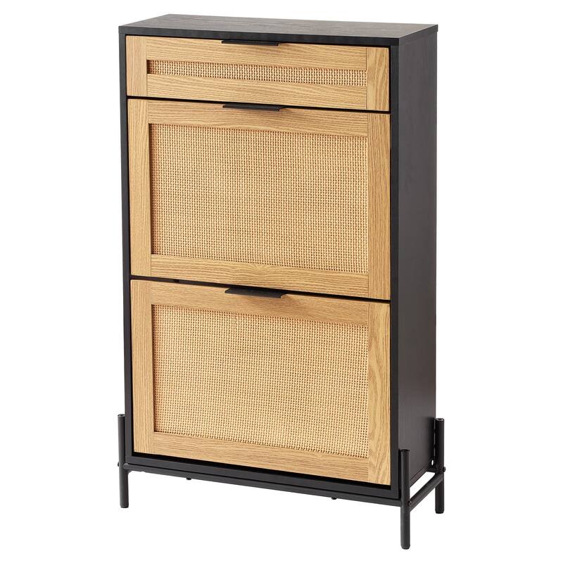 Modern Rattan Shoe Cabinet Narrow Wood Entryway Storage with Flip Drawers and Metal Legs - 25.47 x 10.35 x 40.47 inches