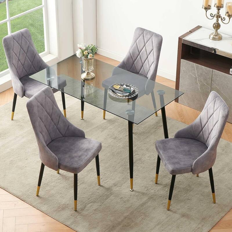Howtai Grey Glass Table Set with 4 Velvet Chairs for Home Kitchen Dining Room - Grey