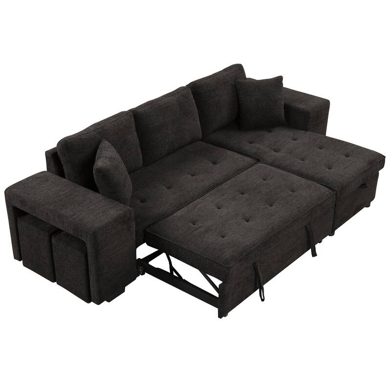 Black 104.5" Charcoal L-Shaped 3-Seat Convertible Sofa with Pull-Out Bed, Storage Chaise, and 2 Stools for Living Room