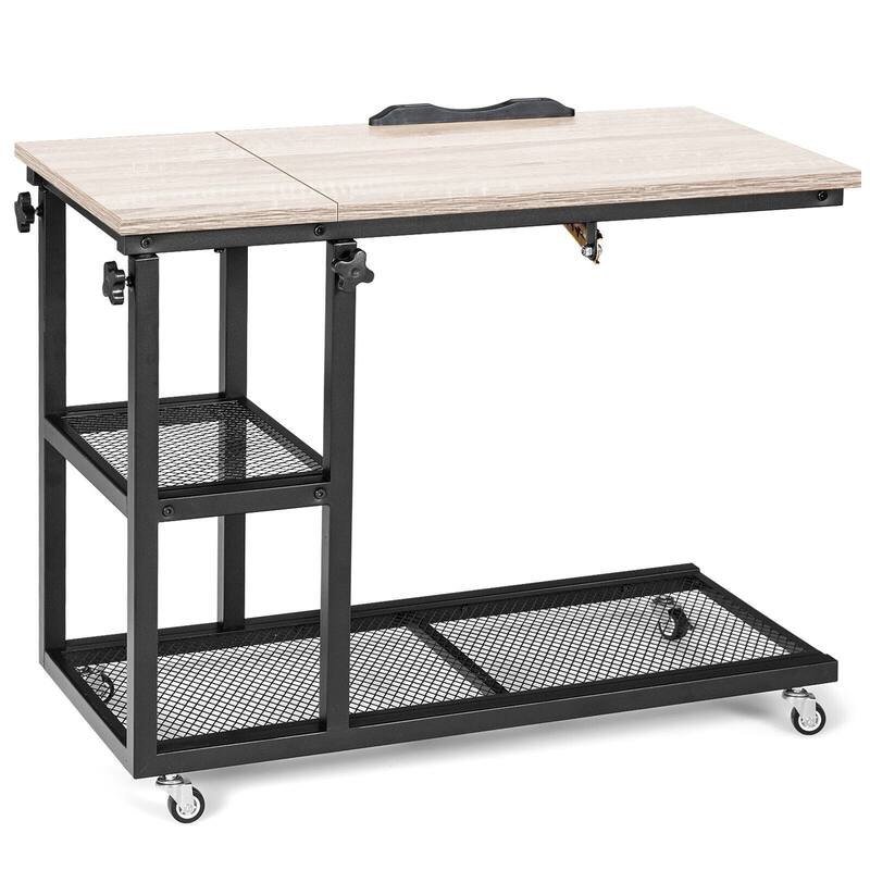 Height Adjustable C-Shaped End Table with Lockable Wheels and Tiltable Table Top - 31.5" x 16" x 25"-37.5"
