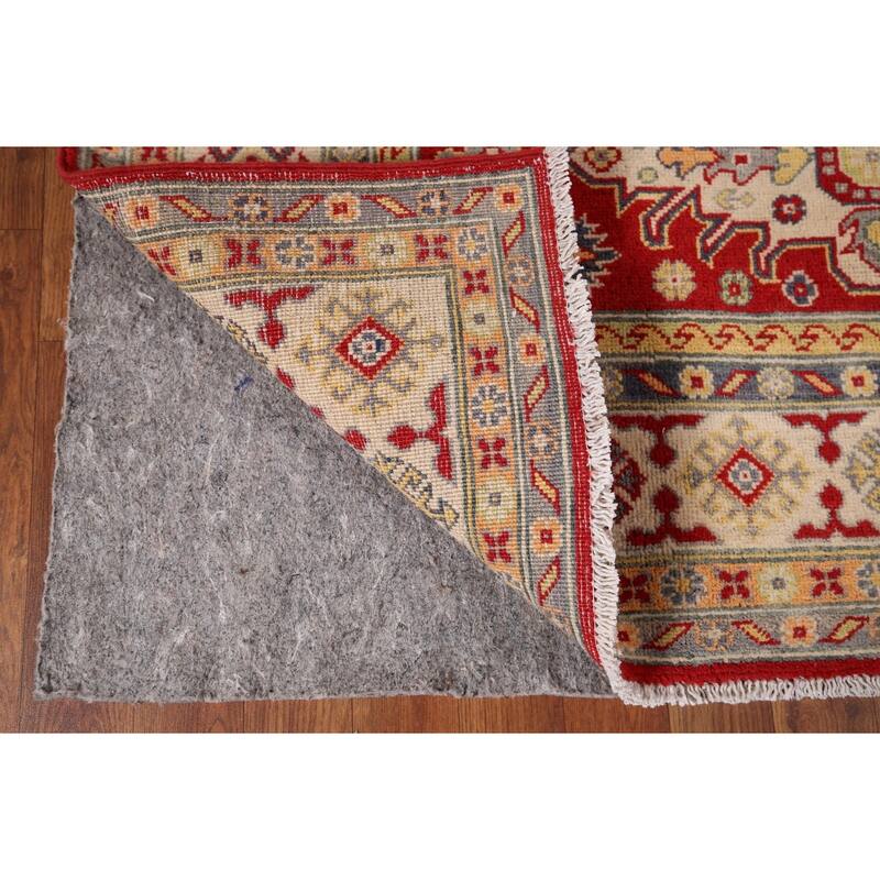 Red Geometric Kazak Area Rug Handmade Traditional Oriental Wool Carpet - 4'10" x 6'8"