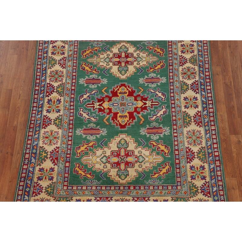 Green Geometric Kazak Oriental Area Rug Handmade Bedroom Wool Carpet - 5'0" x 6'7"