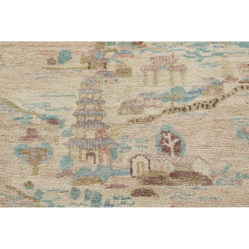Beige Art Deco Turkish Runner Rug Handmade Wool Carpet - 4'10" x 14'1"