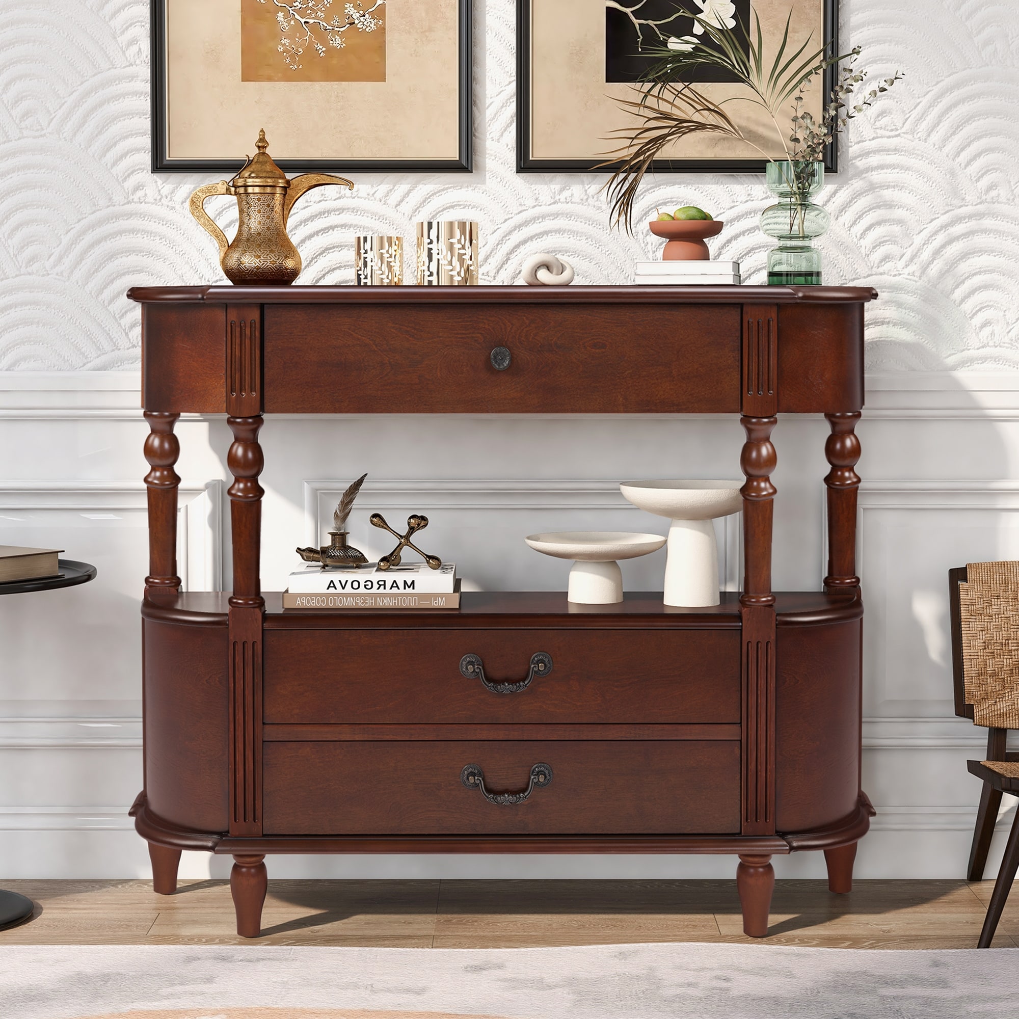 43"Retro Curved Wood Console Table with 3 Drawers and Storage Shelf