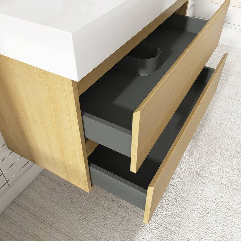 24/30/36 inch Wall-Mounted Bathroom Vanity Set in Oak with Integrated Resin Sink