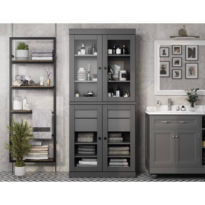Palace Imports 100% Solid Wood 32" Bathroom Cabinet with Clear Glass Doors, 2-Drawers and Adjustable Shelves - Gray