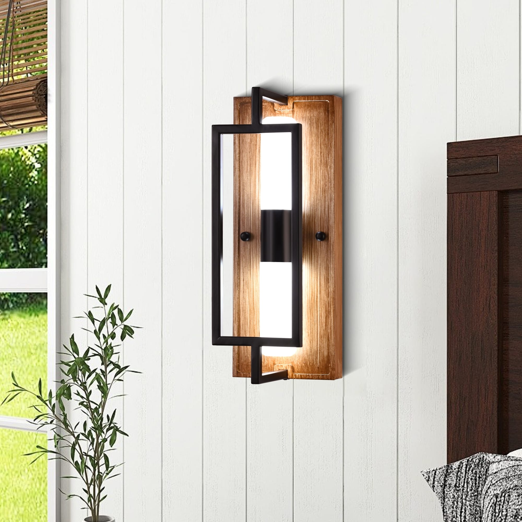 Bella Depot 12.6" Black Wall Light Farmhouse Wooden Sconce with Dimmable Led Light and Remote