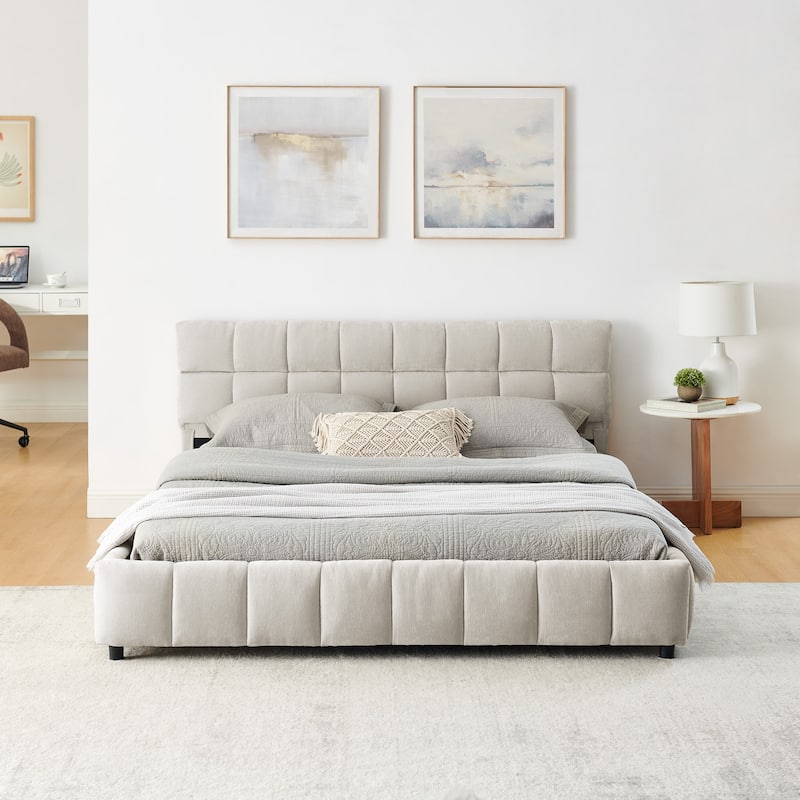 Modern Upholstered Queen Platform Bed Frame w/4 Storage Drawers, Soft Headboard, Grounded Chenille Fabric Bed Frame for Bedroom