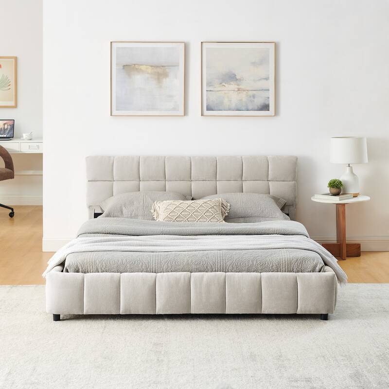 Queen Size Upholstered Bed, comfortable upholstered bed frame, Chenille fabric, with headboard and solid bed frame