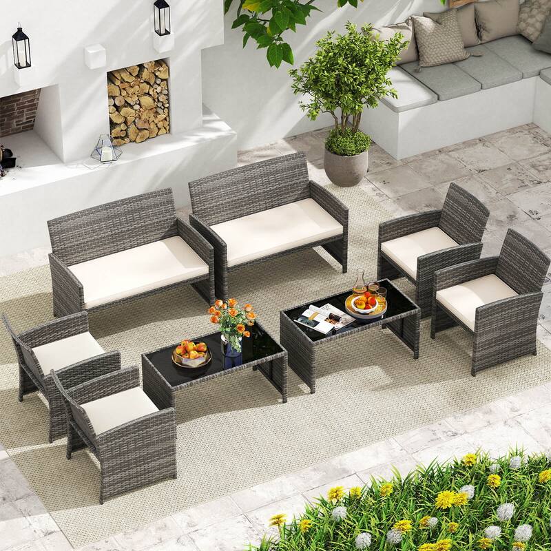 Costway 8 PCS Patio Conversation Set with Seat Cushions & Tempered - See Details