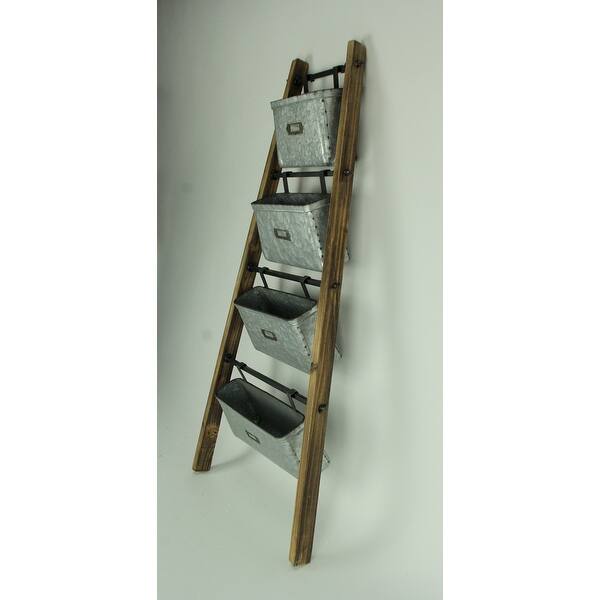 Rustic Wood And Galvanized Zinc Finish Metal 4 Basket Leaning Ladder Shelf Overstock 20192211 World menagerie mangual decorative ladder wall shelf | wayfair.