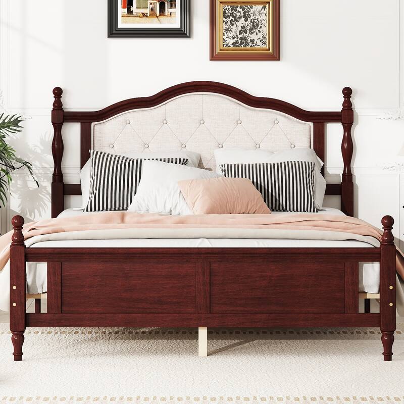 Queen Pine Wooden Bed with Upholstered Headboard and Panel Footboard, Cherry Finish