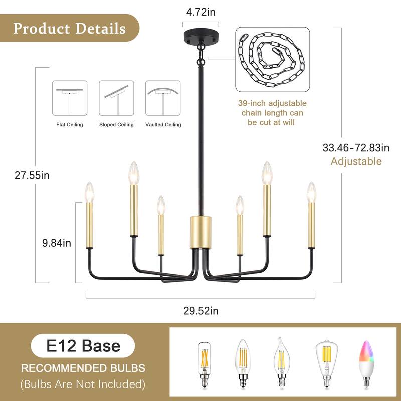 6-Light 29.52-inch Farmhouse Candle Chandelier for Foyer Kitchen Bedroom
