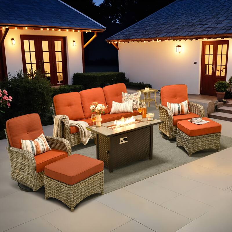 OVIOS 7-piece Patio Wicker Conversation Furniture Set With Fire Pit - Orange/Red
