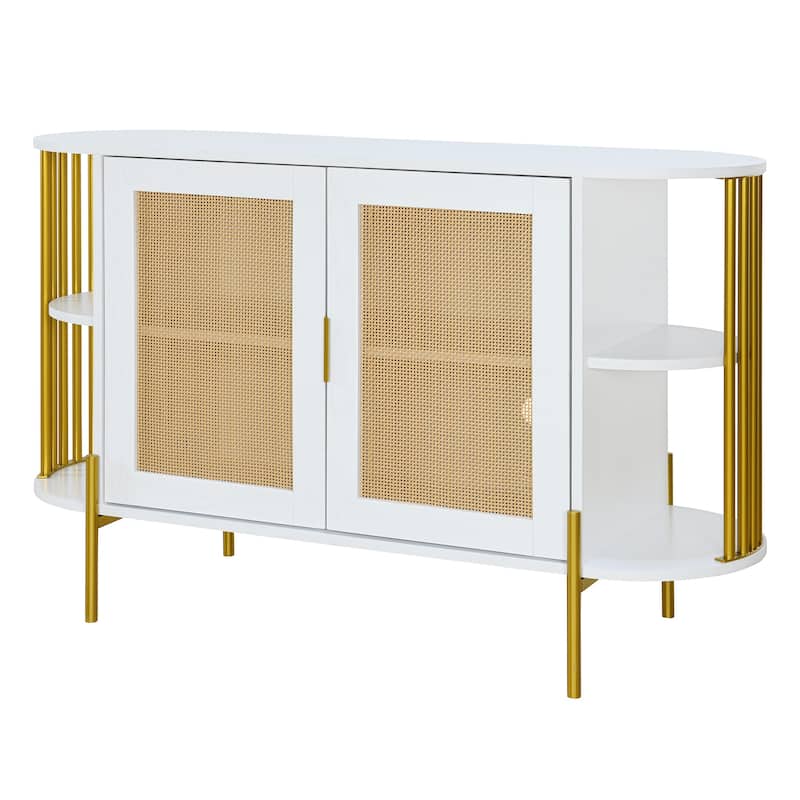 2-Door Storage Cabinet with Woven Rattan Doors, Buffet Sideboard with Gold Trim, Console Table with Curved Open Shelves