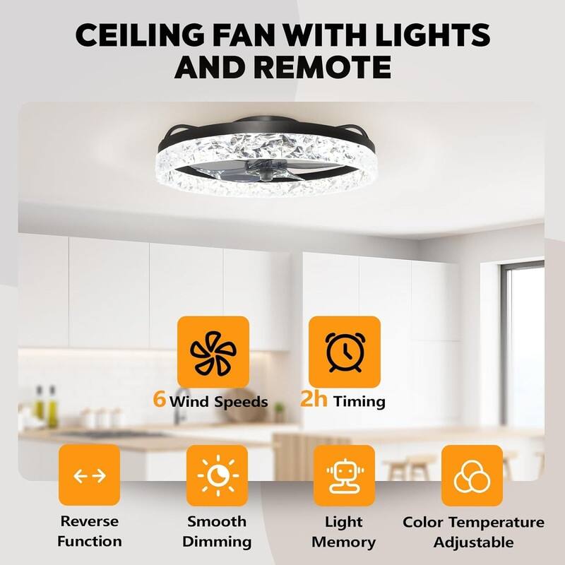 19.68 in. Low Profile Ceiling Fan with Light and Remote Control, Dimmable LED Ceiling Fan, 6 Speeds, Timing Reversible Blades