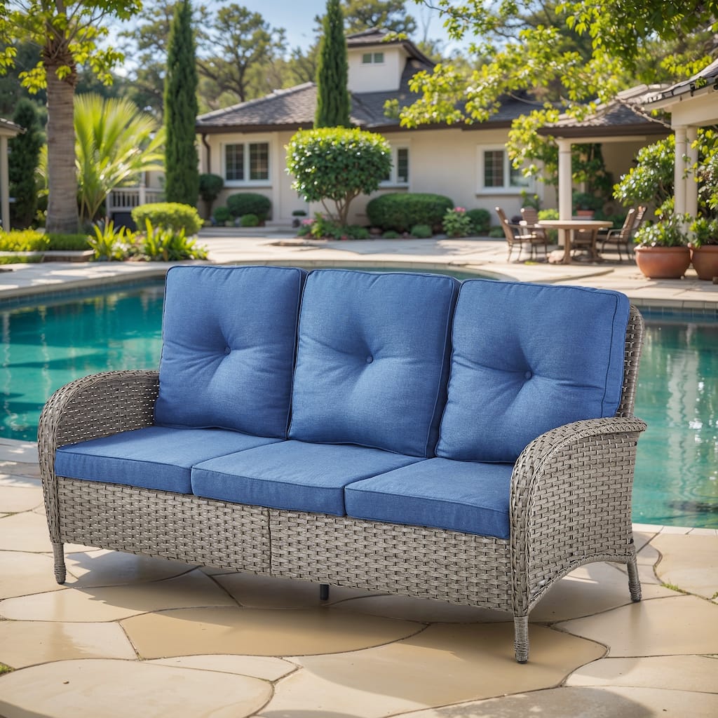 3-Seat Patio Wicker Sofa Soft Cushion Grey - Blue