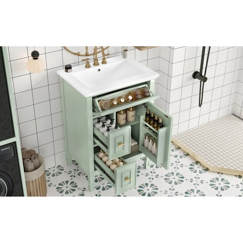 Roomfitters 24" Bathroom Vanity with Sink, Solid Wood Frame, Flip-Out Drawer & Cabinet with Adjustable Shelf