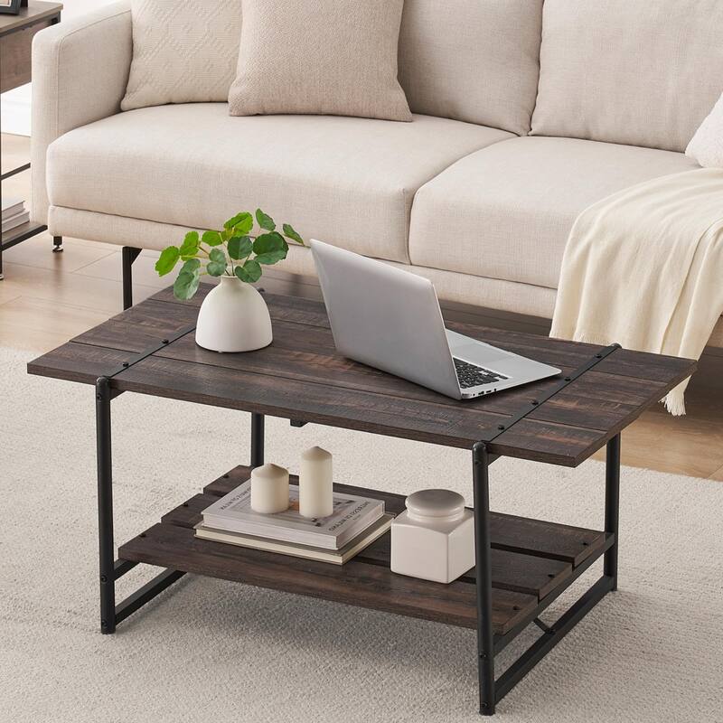 Coffee Table with 2 Storage Shelf - Walnut Brown