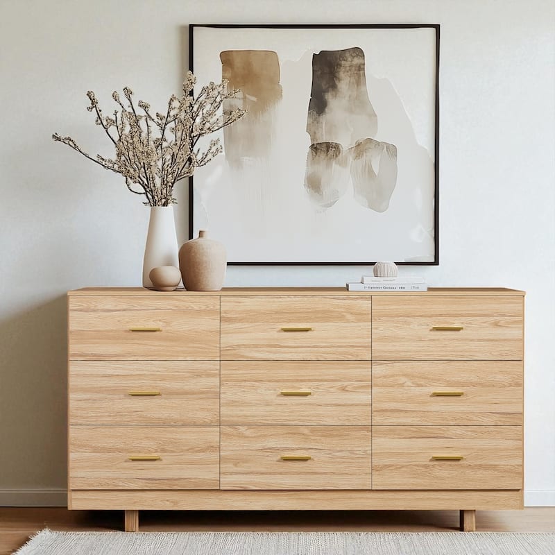 Modern 9 Drawer Dresser, Wide Chest of Drawers with Golden Handles, Large Storage Cabinet for Bedroom and Entryway - Natural