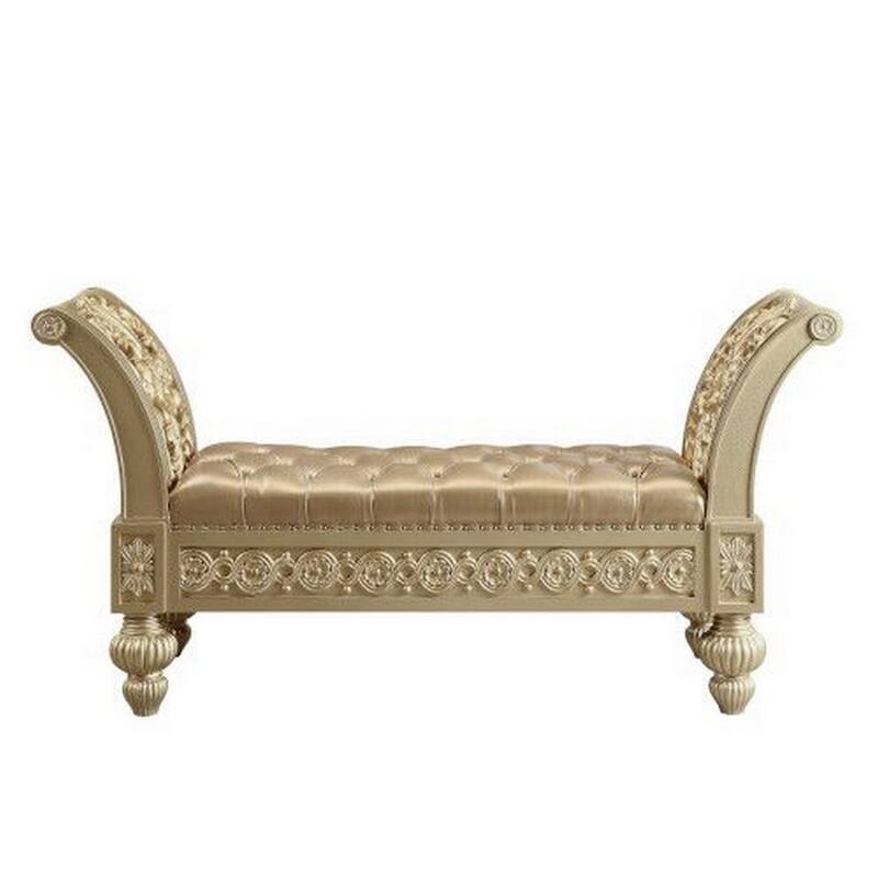 Bench with Button Tufted Seat and Hollow Floral Carving, Gold