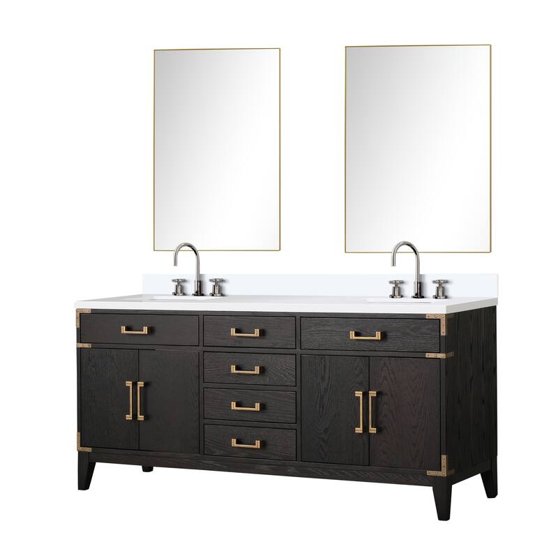 Laurel 60 in W x 22 in D Black Oak Double Bath Vanity, White Quartz Top, Faucet Set, and 28 in Mirrors