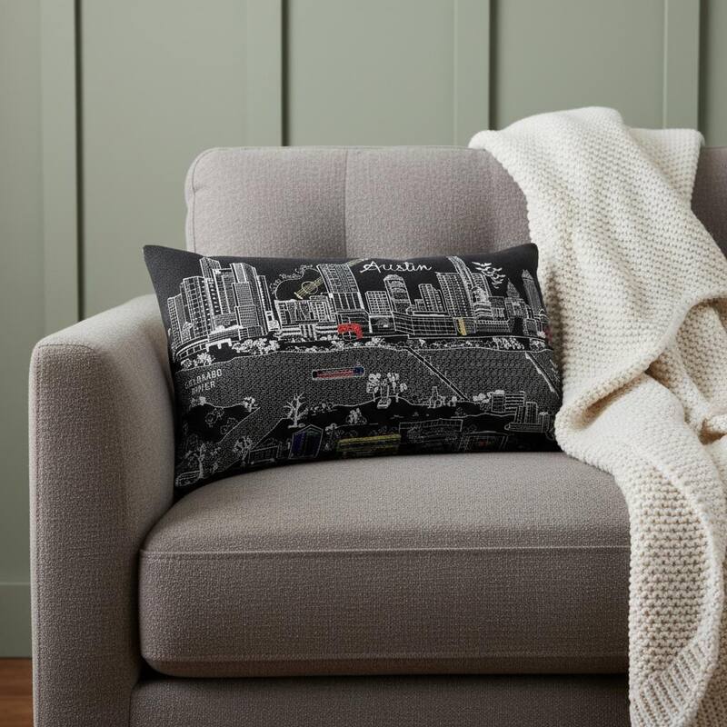 HomeRoots 14" X 24" Dark Gray And White Austin Nighttime Skyline Lumbar Decorative Pillow