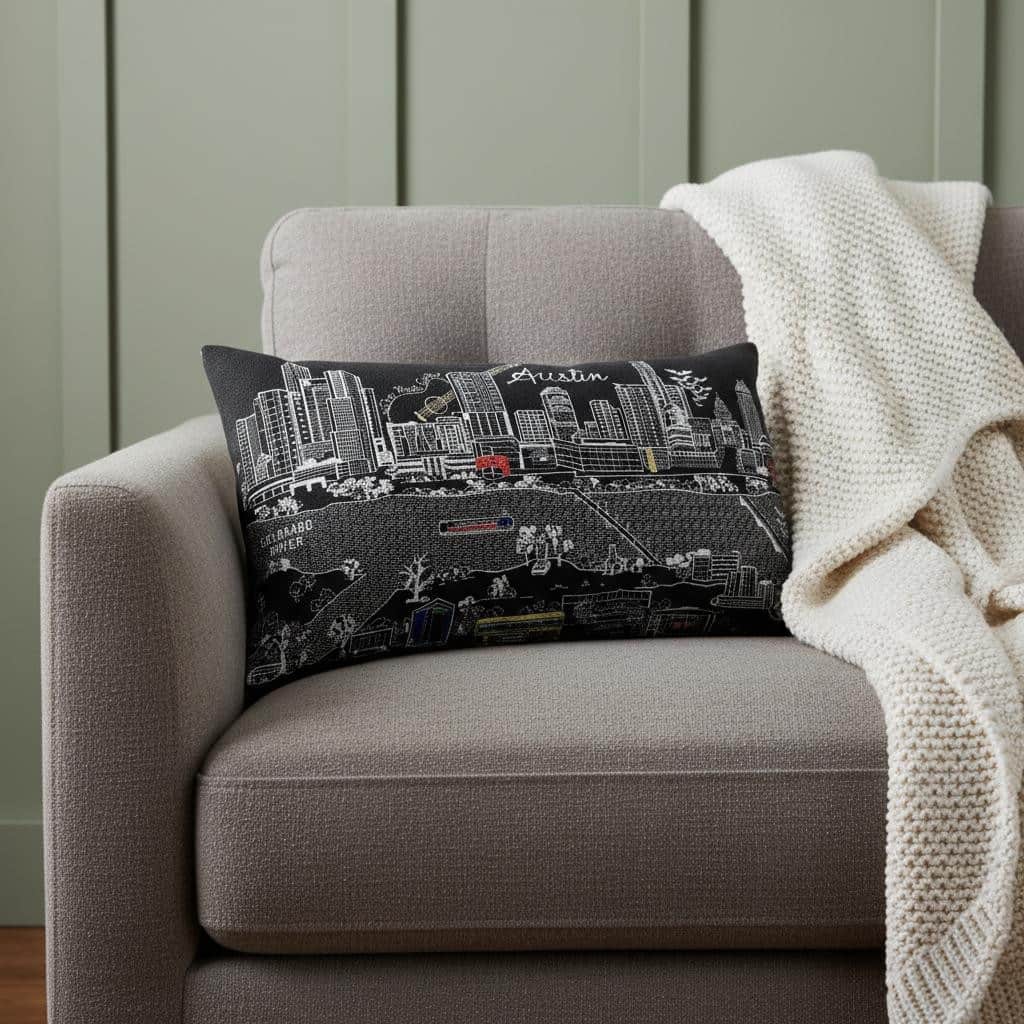 HomeRoots 14" X 24" Dark Gray And White Austin Nighttime Skyline Lumbar Decorative Pillow
