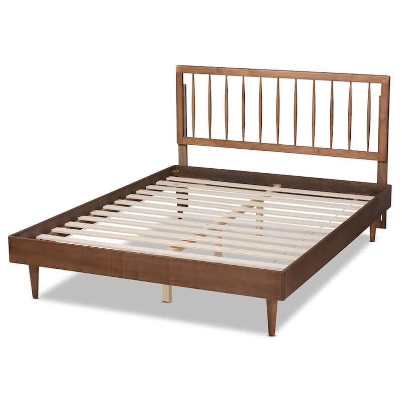 Mid-Century Modern Platform Bed - Ash Walnut Wood Full Size Bed Frame - Low Profile Bedroom Furniture