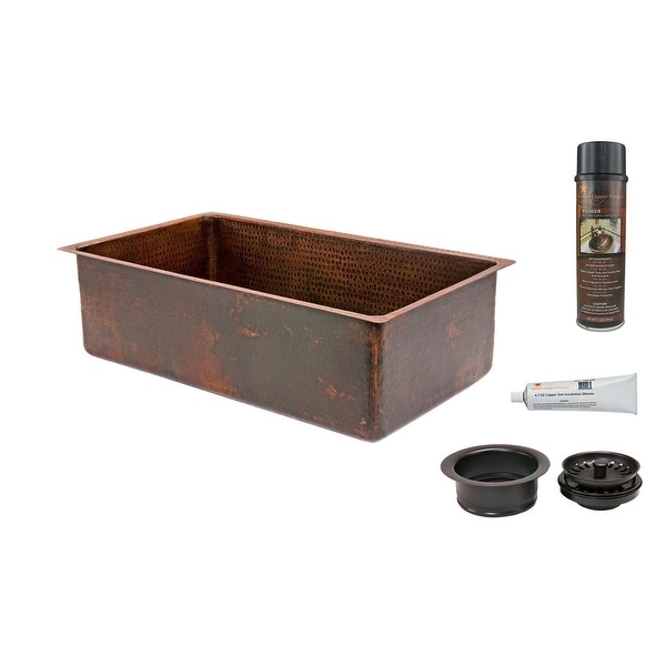 Premier Copper Products KSP3_KSDB30199 30" Hammered Copper Kitchen Single Basin Sink with Matching Drain and Accessories.
