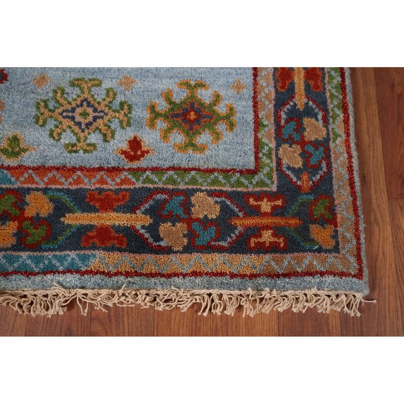 Blue Geometric Oushak Oriental Area Rug Hand-Knotted Wool Carpet - 3'11"x 5'11"