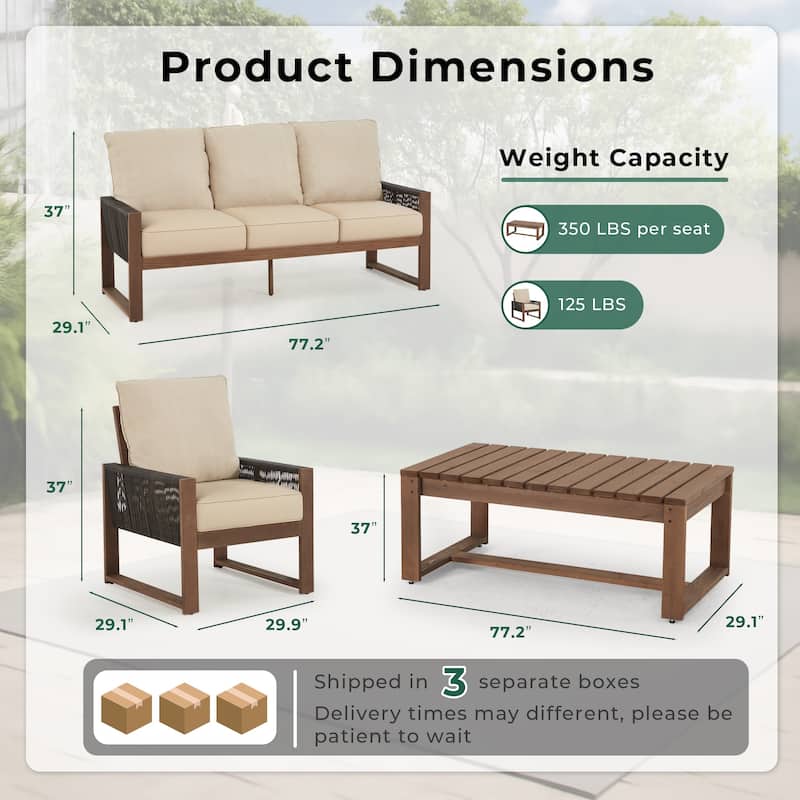 Outdoor 4-Piece Sofa Set with Coffee Table, PE Wicker & Cedar Wood Patio Furniture, Garden Conversation Set with Thick Cushions