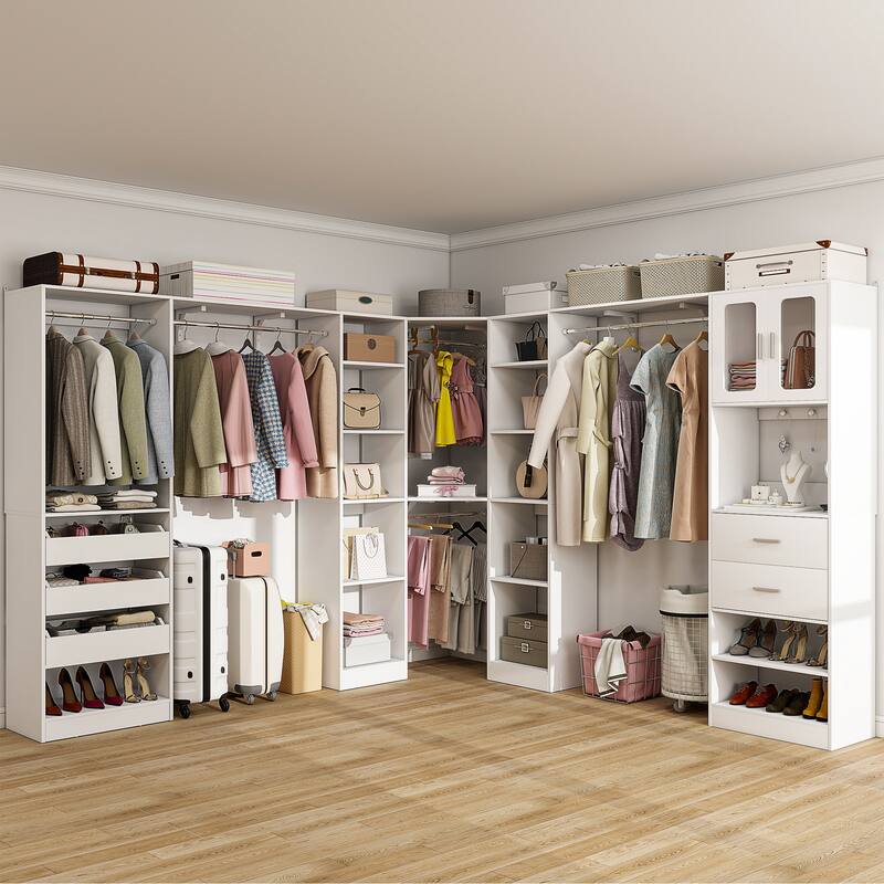 100" × 100" Closet System With Door and Wooden Drawers, Closet Organizer with 5 Hanging Rods and 20 Storage Shelves - White