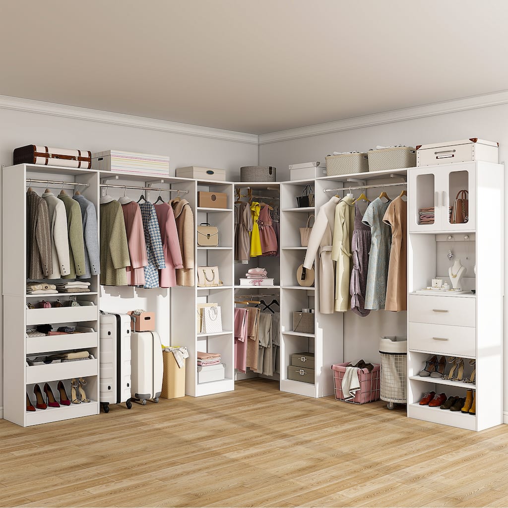 100" × 100" Closet System With Door and Wooden Drawers, Closet Organizer with 5 Hanging Rods and 20 Storage Shelves