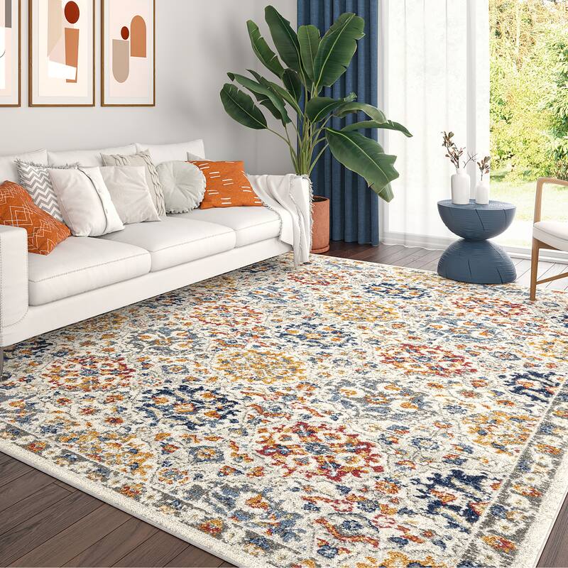 Chesney Bohemian & Eclectic Floral Indoor Area Rug - Cream/Gray - 6'7'' x 9'3''